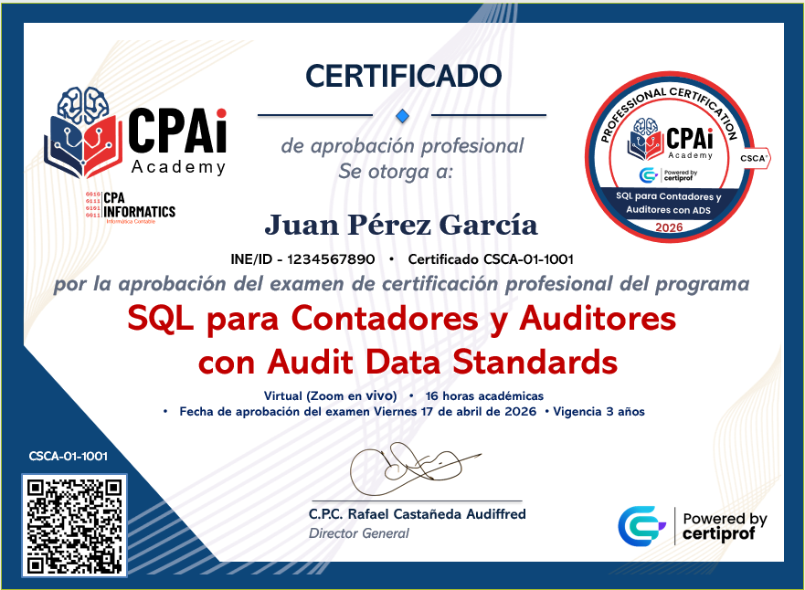 Muestra del certificado CSCA® emitido tras aprobar el examen